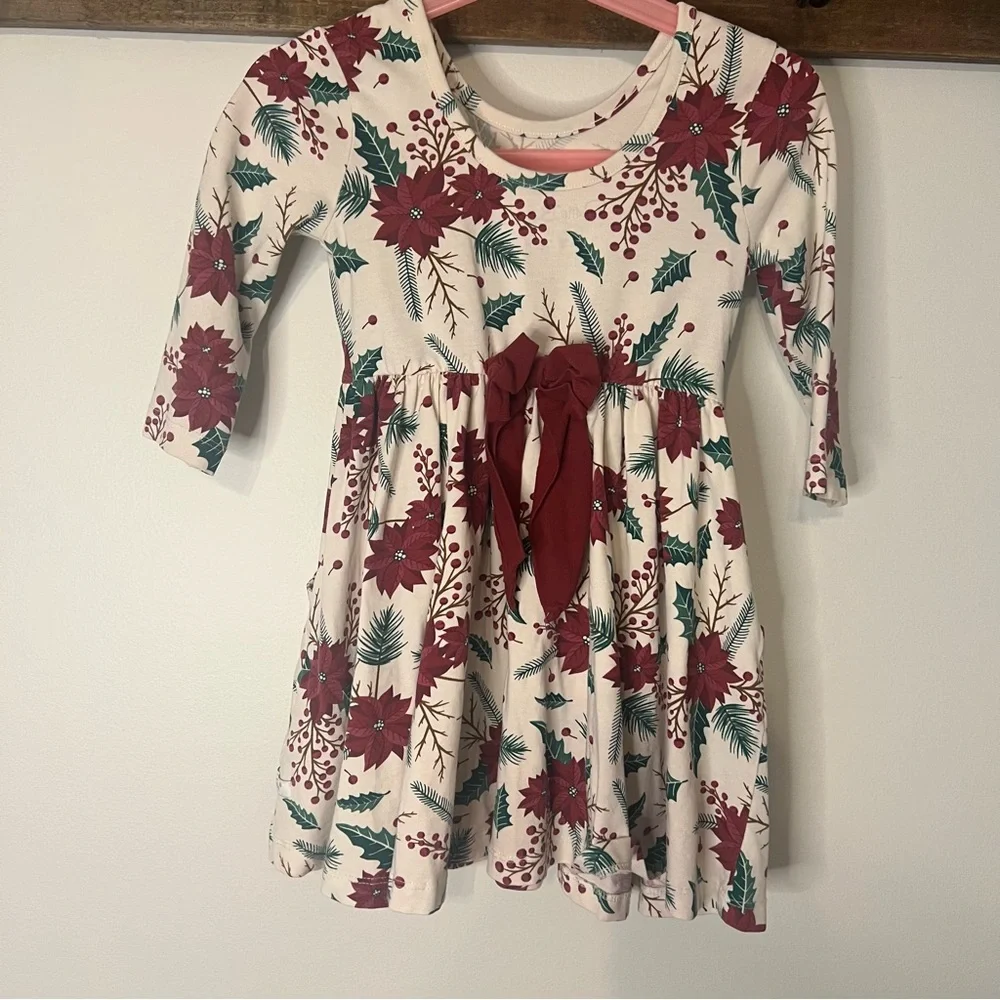 RuffleButts Girls Holiday Dress Size‎ 3T Christmas Floral Poinsettia Twirl Dress